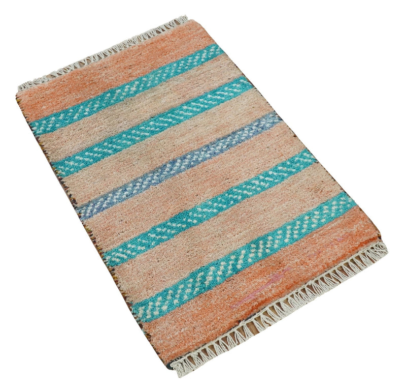 Small 1.5x2 Peach and Blue Wool Hand Knotted traditional Persian Vintage Antique Southwestern Gabbeh Rug| TRDCP347152 - The Rug Decor