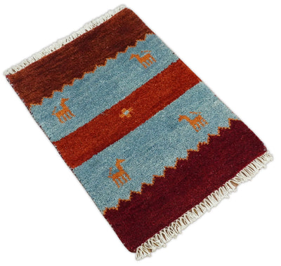 Small 1.5x2 Red and Blue Wool Hand Knotted traditional Persian Vintage Antique Southwestern Gabbeh Rug| TRDCP316152 - The Rug Decor