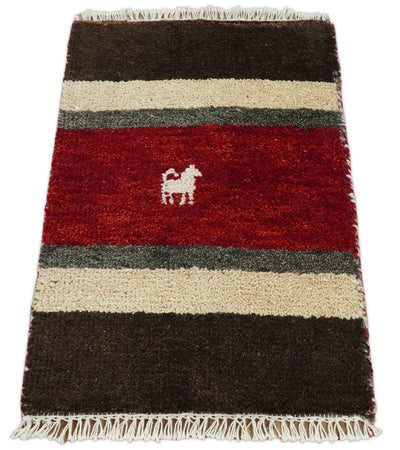 Small 1.5x2 Red, Ivory and Brown Wool Hand Knotted traditional Persian Vintage Antique Southwestern Gabbeh Rug| TRDCP311152 - The Rug Decor