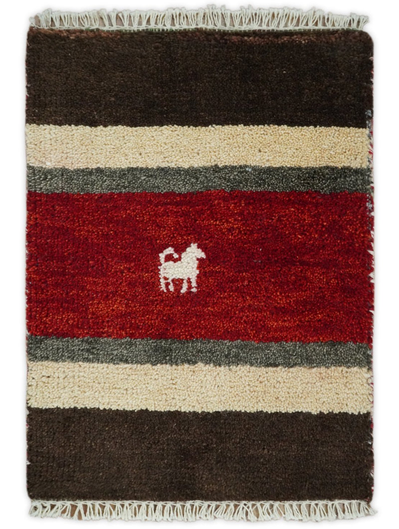 Small 1.5x2 Red, Ivory and Brown Wool Hand Knotted traditional Persian Vintage Antique Southwestern Gabbeh Rug| TRDCP311152 - The Rug Decor