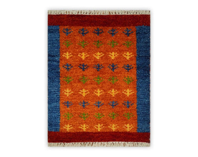 Small 1.5x2 Red, Rust and Blue Wool Hand Knotted traditional Vintage Antique Southwestern Tribal Gabbeh | TRDCP561152 - The Rug Decor