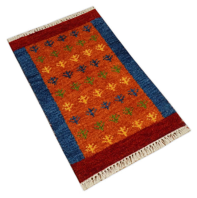 Small 1.5x2 Red, Rust and Blue Wool Hand Knotted traditional Vintage Antique Southwestern Tribal Gabbeh | TRDCP561152 - The Rug Decor