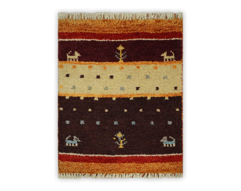 Small 1.5x2 Rust, Ivory and Brown Wool Hand Knotted traditional Persian Vintage Antique Southwestern Gabbeh Rug| TRDCP590152 - The Rug Decor