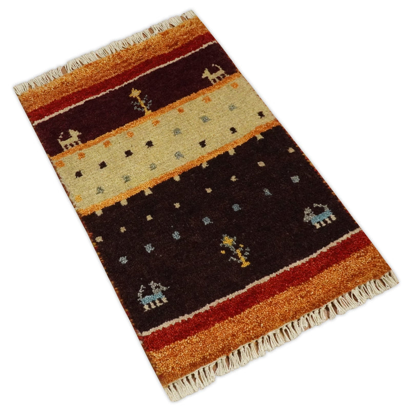 Small 1.5x2 Rust, Ivory and Brown Wool Hand Knotted traditional Persian Vintage Antique Southwestern Gabbeh Rug| TRDCP590152 - The Rug Decor