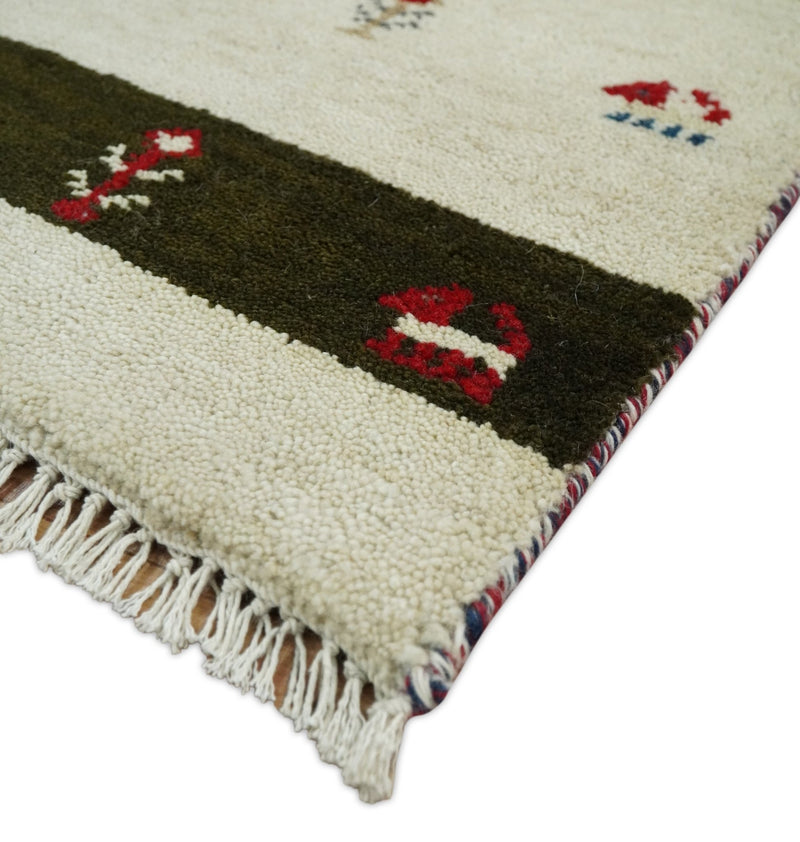 Small 1.5x2 White and Brown Wool Hand Knotted traditional Vintage Antique Southwestern Tribal Gabbeh | TRDCP356152 - The Rug Decor