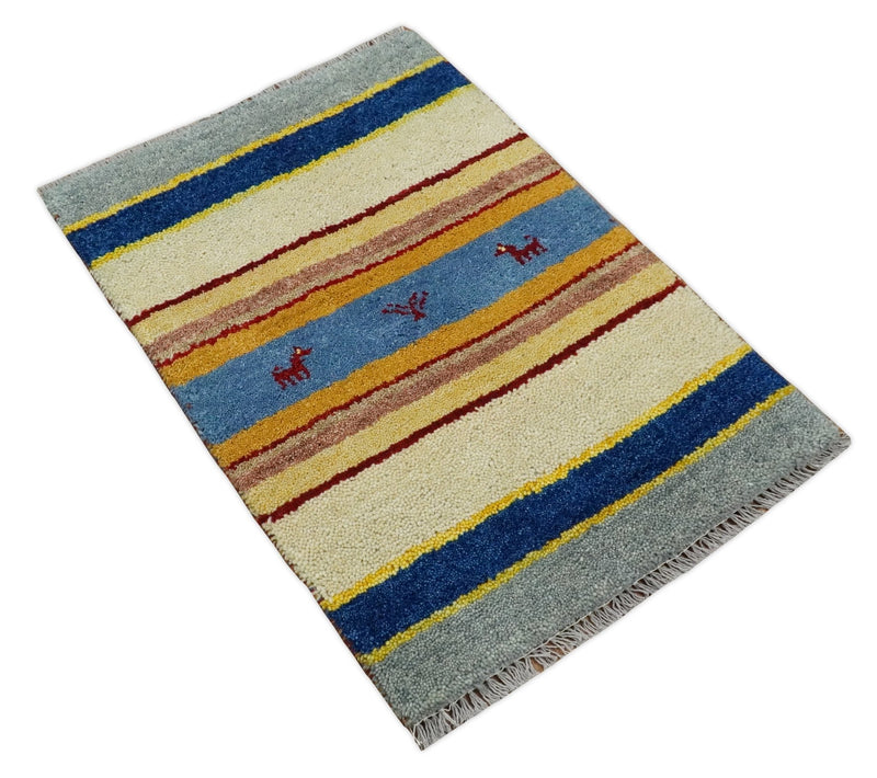 Small 2x3 Beige and Blue Wool Hand Knotted traditional Vintage Antique Southwestern Gabbeh | TRDCP46323 - The Rug Decor
