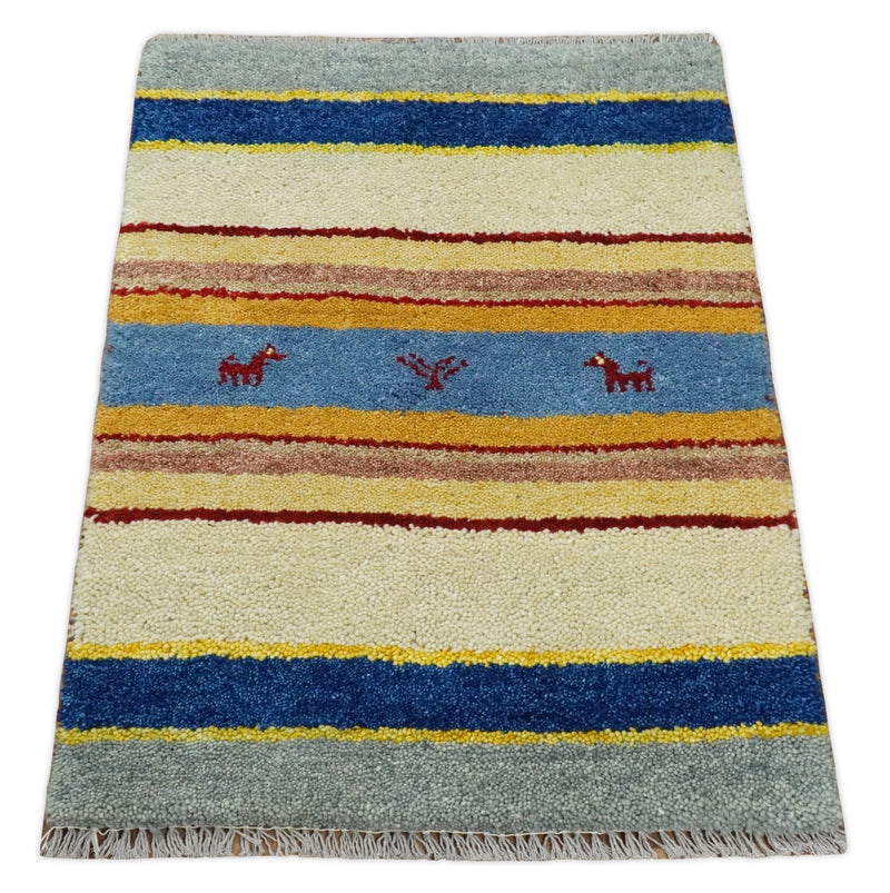 Small 2x3 Beige and Blue Wool Hand Knotted traditional Vintage Antique Southwestern Gabbeh | TRDCP46323 - The Rug Decor