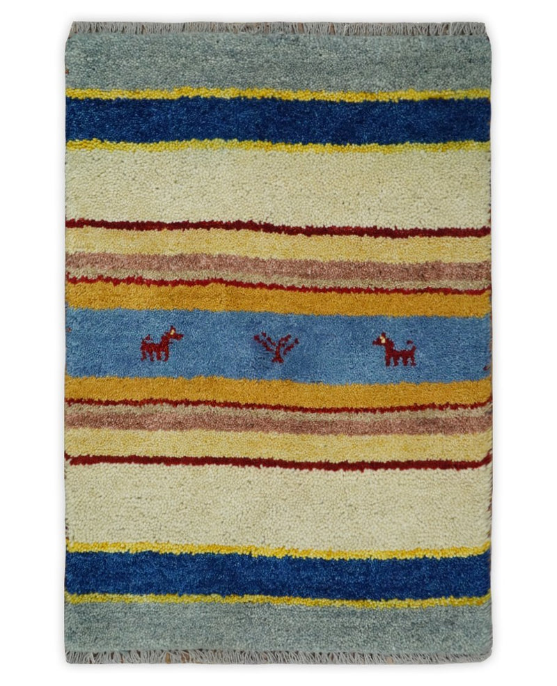 Small 2x3 Beige and Blue Wool Hand Knotted traditional Vintage Antique Southwestern Gabbeh | TRDCP46323 - The Rug Decor
