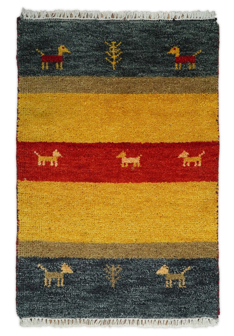 Small 2x3 Blue and Rust Wool Hand Knotted traditional Southwestern Gabbeh | TRDCP16623 - The Rug Decor