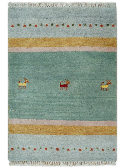 Small 2x3 Blue Gold and Silver Wool Hand Knotted traditional Vintage Antique Southwestern Gabbeh | TRDCP28923 - The Rug Decor
