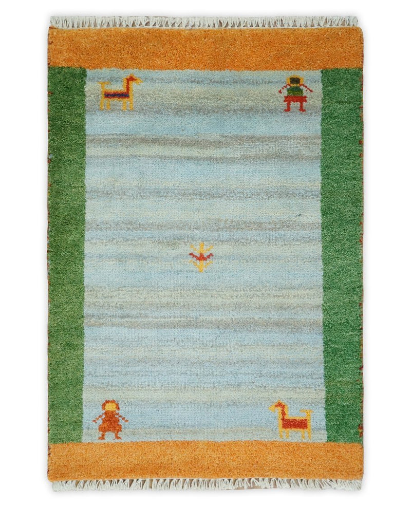 Small 2x3 Blue Green Wool Hand Knotted traditional Persian Vintage Antique Southwestern Gabbeh | TRDCP28923 - The Rug Decor
