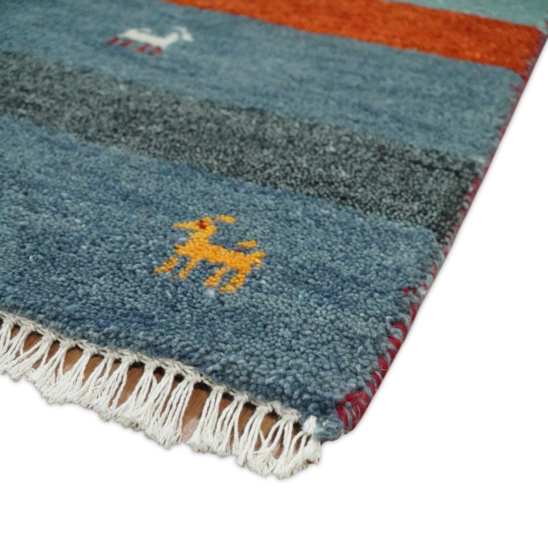 Small 2x3 Blue Rust Gray Wool Hand Knotted traditional Vintage Antique Southwestern Gabbeh | TRDCP36523 - The Rug Decor