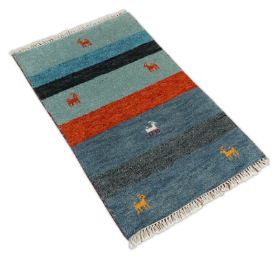 Small 2x3 Blue Rust Gray Wool Hand Knotted traditional Vintage Antique Southwestern Gabbeh | TRDCP36523 - The Rug Decor