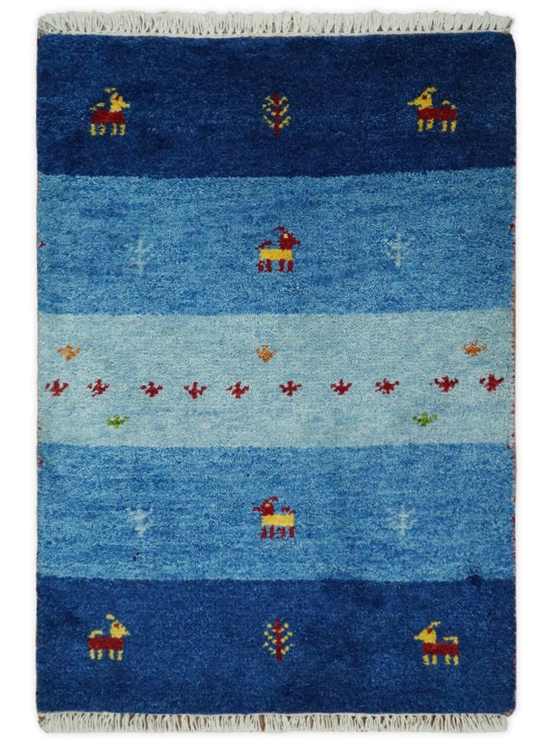 Small 2x3 Blue Wool Hand Knotted traditional Vintage Antique Southwestern Gabbeh | TRDCP34923 - The Rug Decor
