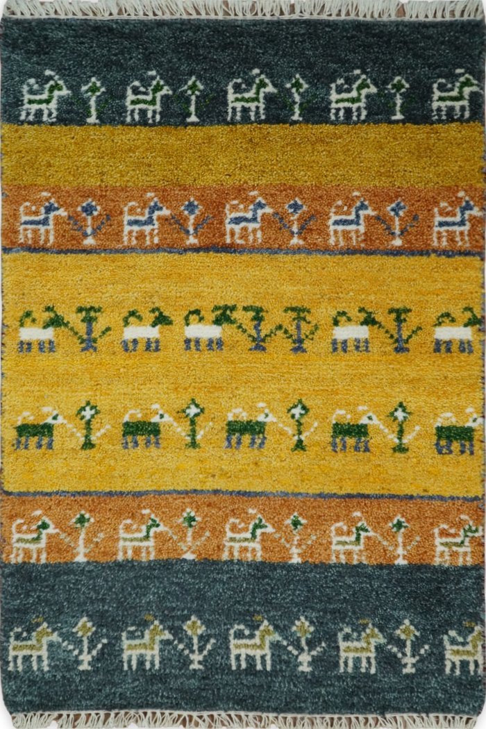 Small 2x3 Gold and Blue Wool Hand Knotted traditional Vintage Antique Southwestern Gabbeh | TRDCP39223 - The Rug Decor