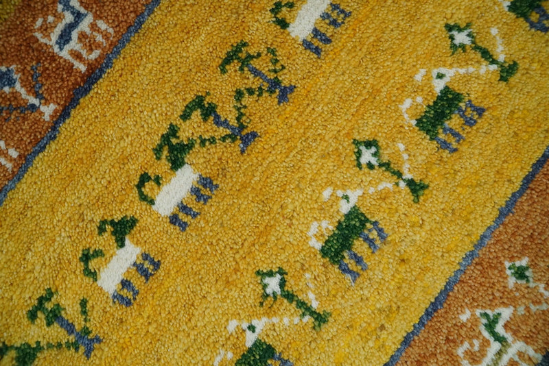 Small 2x3 Gold and Blue Wool Hand Knotted traditional Vintage Antique Southwestern Gabbeh | TRDCP39223 - The Rug Decor