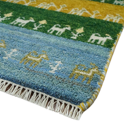 Small 2x3 Gold and Blue Wool Hand Knotted traditional Vintage Antique Southwestern Gabbeh | TRDCP46123 - The Rug Decor