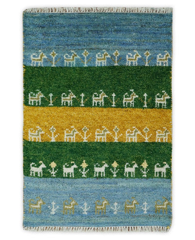 Small 2x3 Gold and Blue Wool Hand Knotted traditional Vintage Antique Southwestern Gabbeh | TRDCP46123 - The Rug Decor