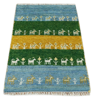 Small 2x3 Gold and Blue Wool Hand Knotted traditional Vintage Antique Southwestern Gabbeh | TRDCP46123 - The Rug Decor
