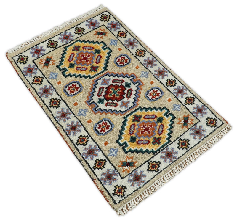 Small 2x3 Gray and Camel Wool Hand Knotted traditional Persian Vintage Antique Southwestern Kazak | TRDCP28123 - The Rug Decor