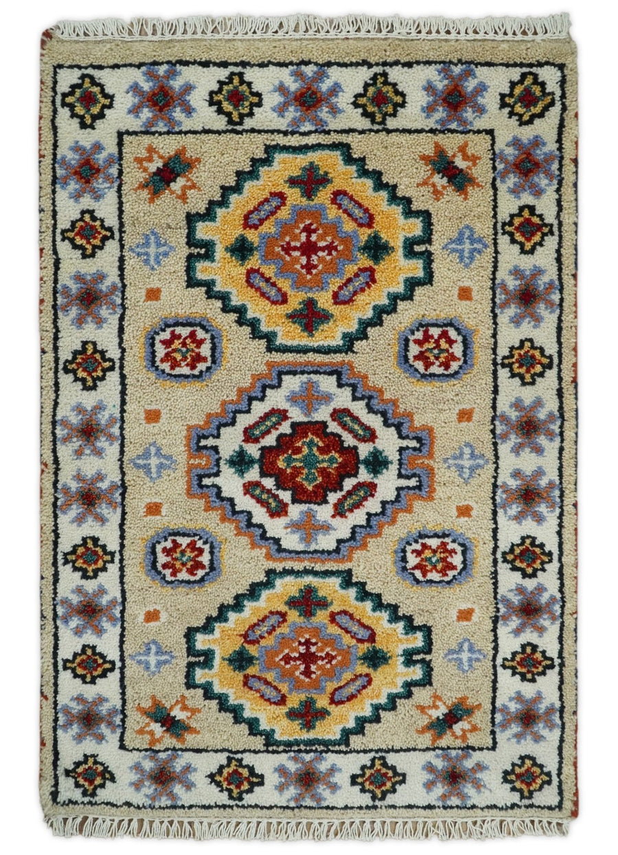 Small 2x3 Gray and Camel Wool Hand Knotted traditional Persian Vintage Antique Southwestern Kazak | TRDCP28123 - The Rug Decor