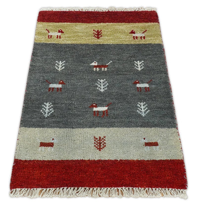 Small 2x3 Gray and Red Wool Hand Knotted traditional Persian Vintage Antique Southwestern Gabbeh | TRDCP17623 - The Rug Decor