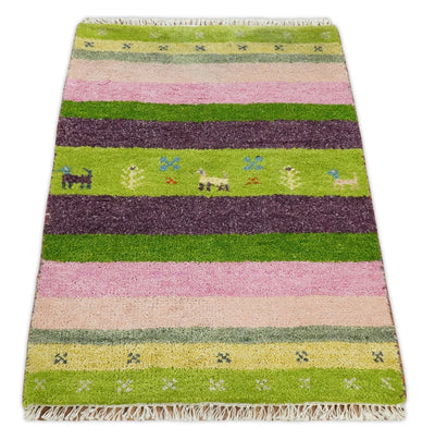 Small 2x3 Green and Pink Wool Hand Knotted traditional Persian Vintage Antique Southwestern Gabbeh | TRDCP39023 - The Rug Decor