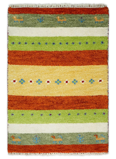 Small 2x3 Green and Red Wool Hand Knotted traditional Southwestern Gabbeh | TRDCP17323 - The Rug Decor