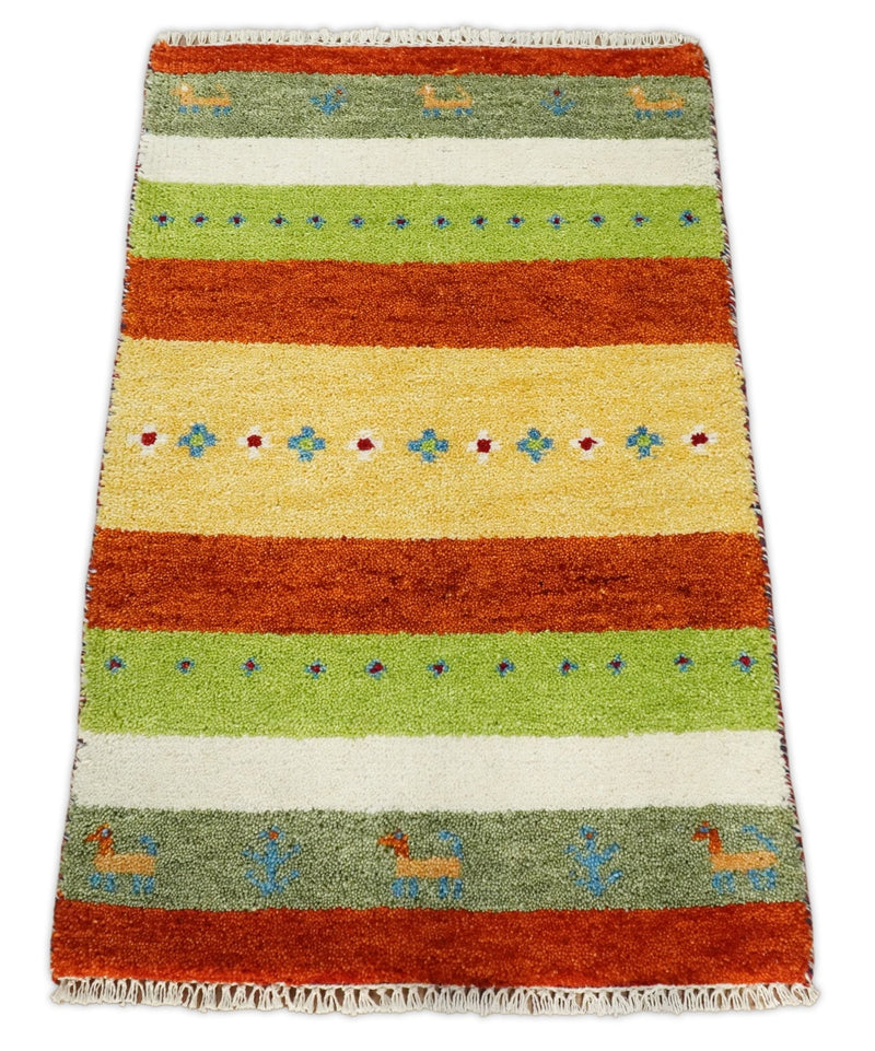 Small 2x3 Green and Red Wool Hand Knotted traditional Southwestern Gabbeh | TRDCP17323 - The Rug Decor