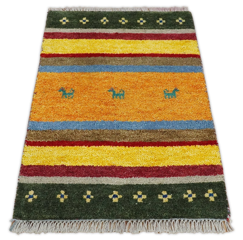 Small 2x3 Green Gold and Red Wool Hand Knotted traditional Persian Persian Vintage Antique Southwestern Gabbeh | TRDCP17723 - The Rug Decor