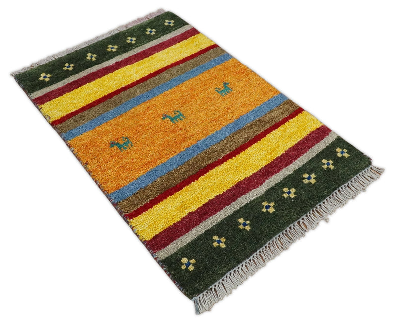 Small 2x3 Green Gold and Red Wool Hand Knotted traditional Persian Persian Vintage Antique Southwestern Gabbeh | TRDCP17723 - The Rug Decor