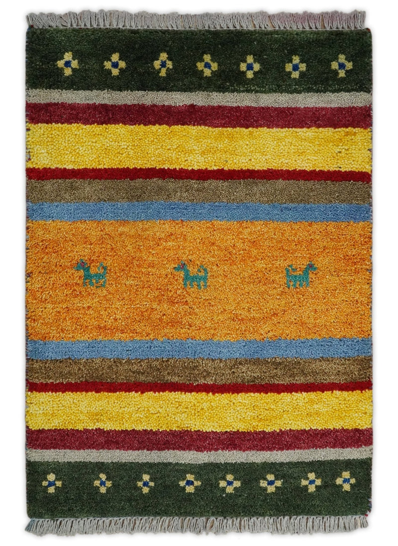 Small 2x3 Green Gold and Red Wool Hand Knotted traditional Persian Persian Vintage Antique Southwestern Gabbeh | TRDCP17723 - The Rug Decor