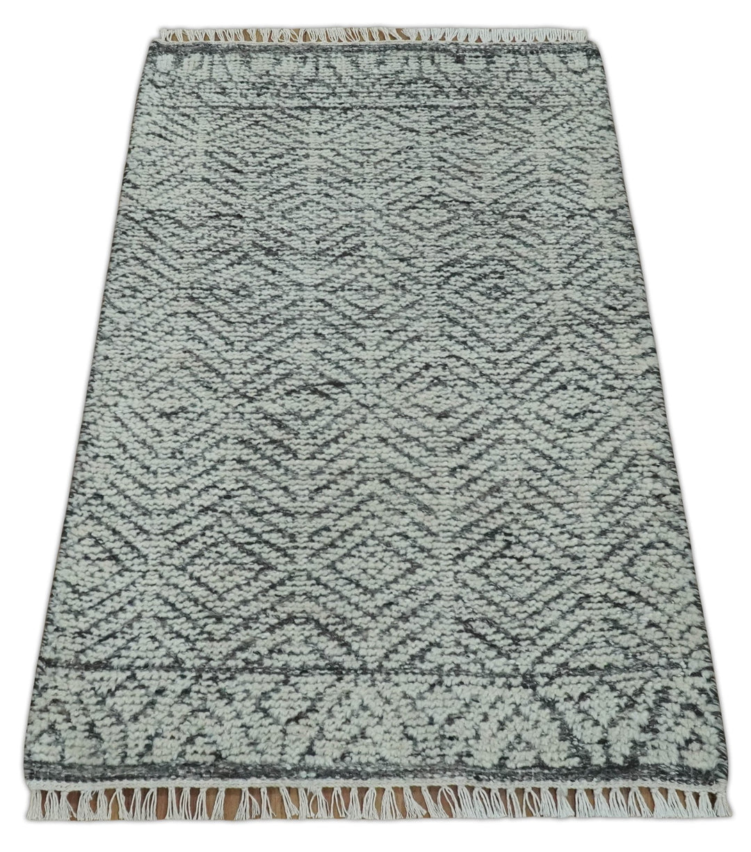 Small 2x3 Hand Knotted Ivory and Charcoal Tribal Design Wool Rug - The Rug Decor