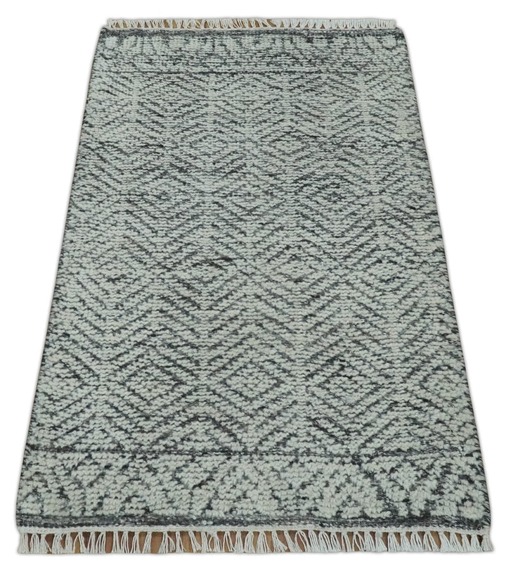 Small 2x3 Hand Knotted Ivory and Charcoal Tribal Design Wool Rug - The Rug Decor
