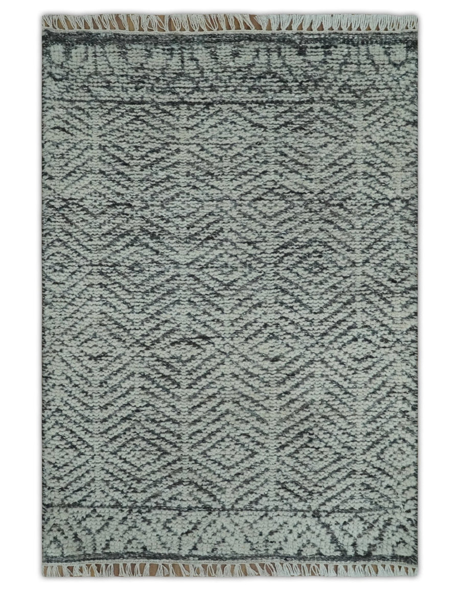 Small 2x3 Hand Knotted Ivory and Charcoal Tribal Design Wool Rug - The Rug Decor