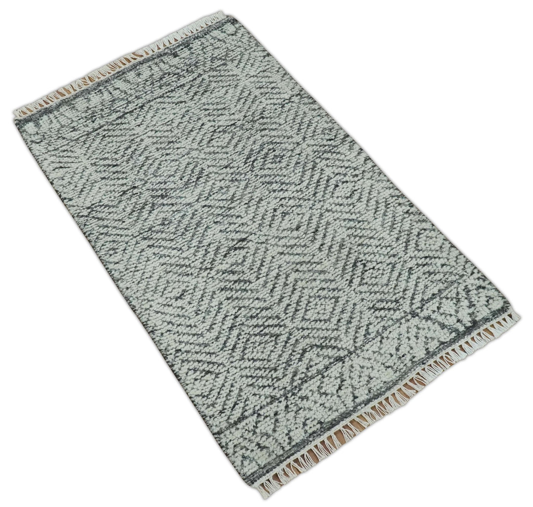 Small 2x3 Hand Knotted Ivory and Charcoal Tribal Design Wool Rug - The Rug Decor