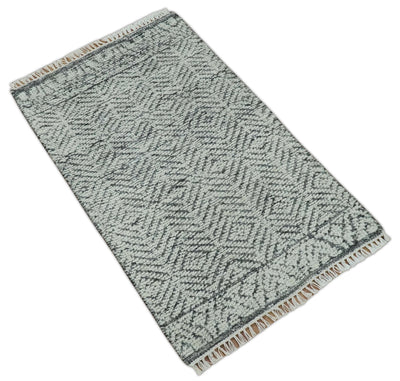 Small 2x3 Hand Knotted Ivory and Charcoal Tribal Design Wool Rug - The Rug Decor
