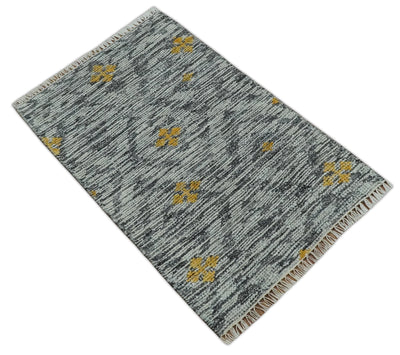 Small 2x3 Hand Knotted Ivory, Charcoal and Gold Geometrical shape Wool Rug - The Rug Decor
