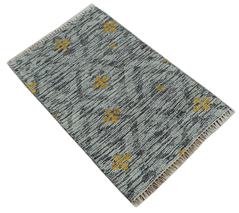 Small 2x3 Hand Knotted Ivory, Charcoal and Gold Geometrical shape Wool Rug - The Rug Decor