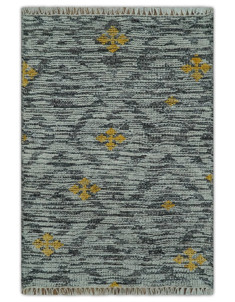 Small 2x3 Hand Knotted Ivory, Charcoal and Gold Geometrical shape Wool Rug - The Rug Decor