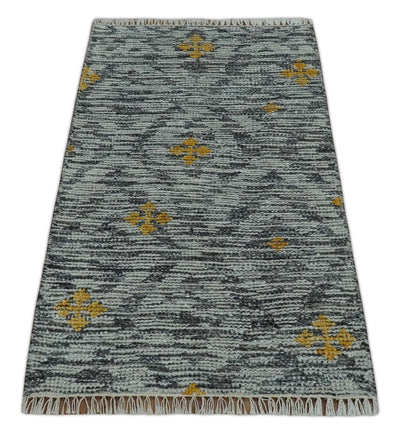 Small 2x3 Hand Knotted Ivory, Charcoal and Gold Geometrical shape Wool Rug - The Rug Decor