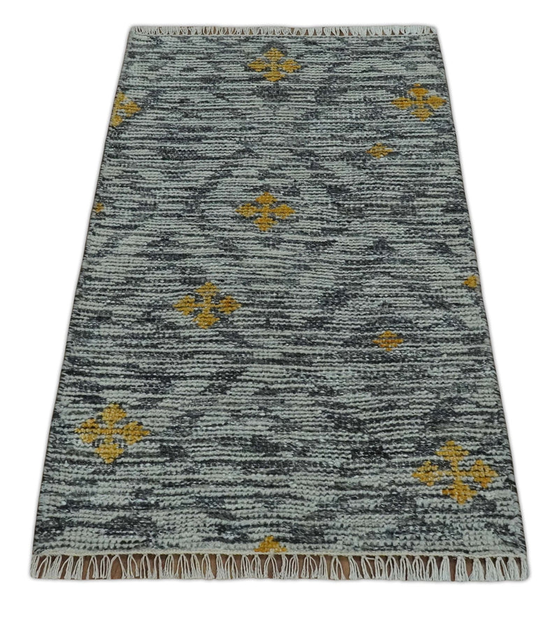 Small 2x3 Hand Knotted Ivory, Charcoal and Gold Geometrical shape Wool Rug - The Rug Decor