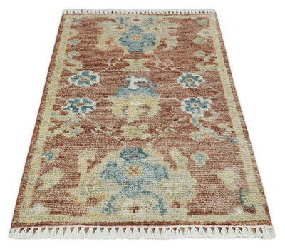 Small 2x3 Hand Knotted Peach, Beige and Teal Oriental Oushak Wool Rug - The Rug Decor