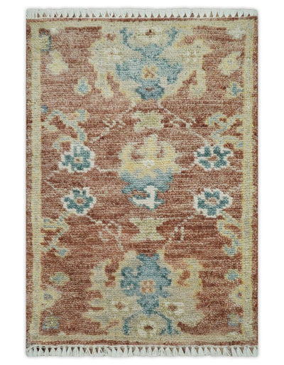 Small 2x3 Hand Knotted Peach, Beige and Teal Oriental Oushak Wool Rug - The Rug Decor