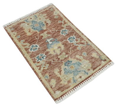 Small 2x3 Hand Knotted Peach, Beige and Teal Oriental Oushak Wool Rug - The Rug Decor