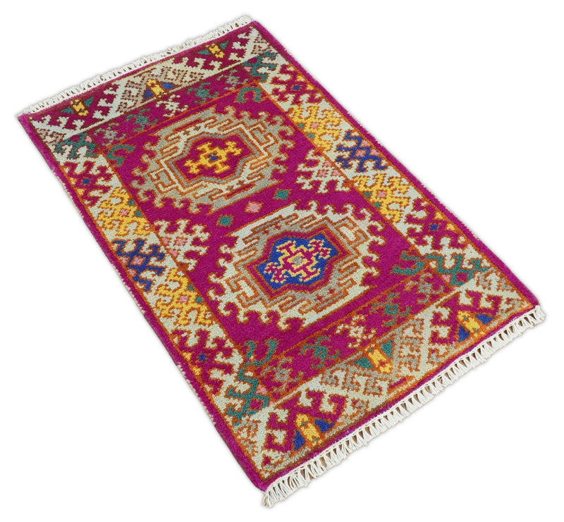 Small 2x3 Pink and Gray Wool Hand Knotted traditional Persian Vintage Antique Southwestern Kazak | TRDCP18223 - The Rug Decor