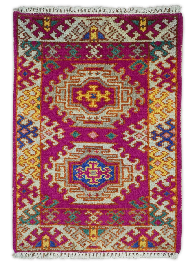 Small 2x3 Pink and Gray Wool Hand Knotted traditional Persian Vintage Antique Southwestern Kazak | TRDCP18223 - The Rug Decor