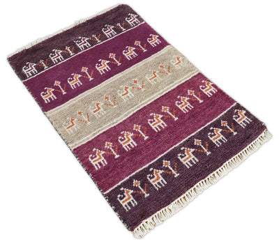 Small 2x3 Purple Plum and Brown Wool Hand Knotted traditional Southwestern Gabbeh | TRDCP16723 - The Rug Decor
