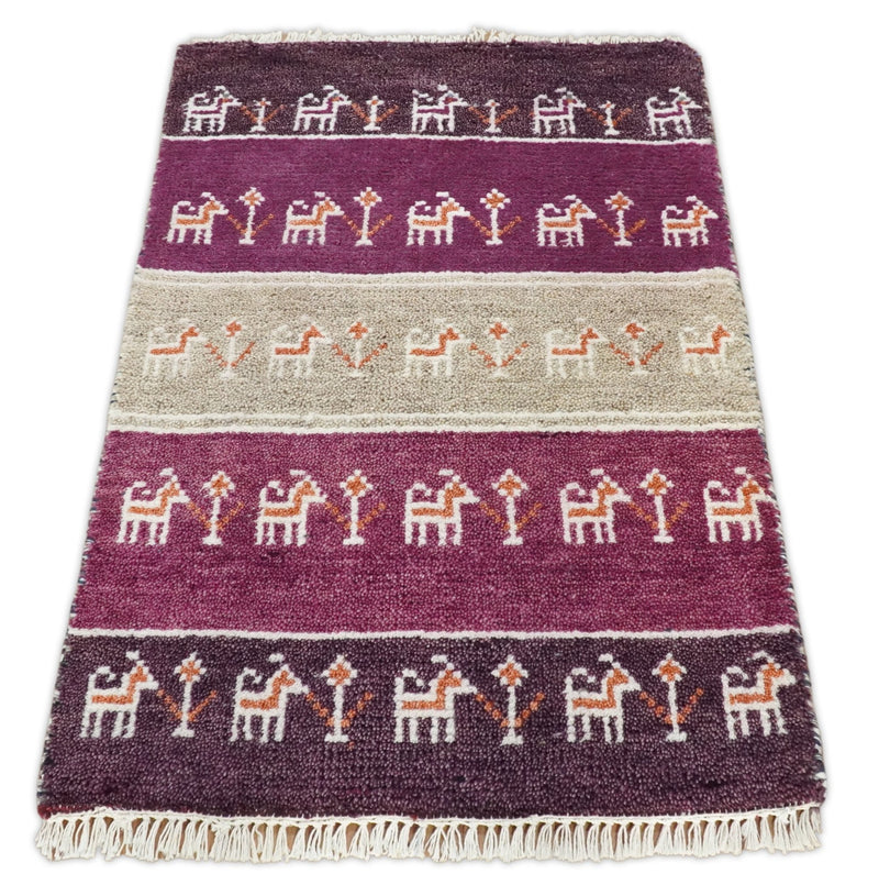 Small 2x3 Purple Plum and Brown Wool Hand Knotted traditional Southwestern Gabbeh | TRDCP16723 - The Rug Decor