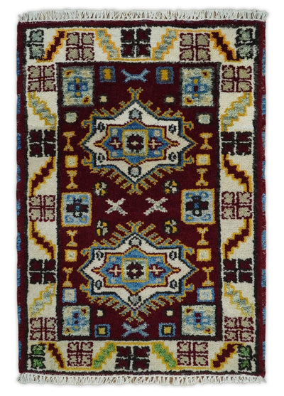 Small 2x3 Red and Beige Wool Hand Knotted traditional Persian Vintage Antique Southwestern Kazak | TRDCP20223 - The Rug Decor